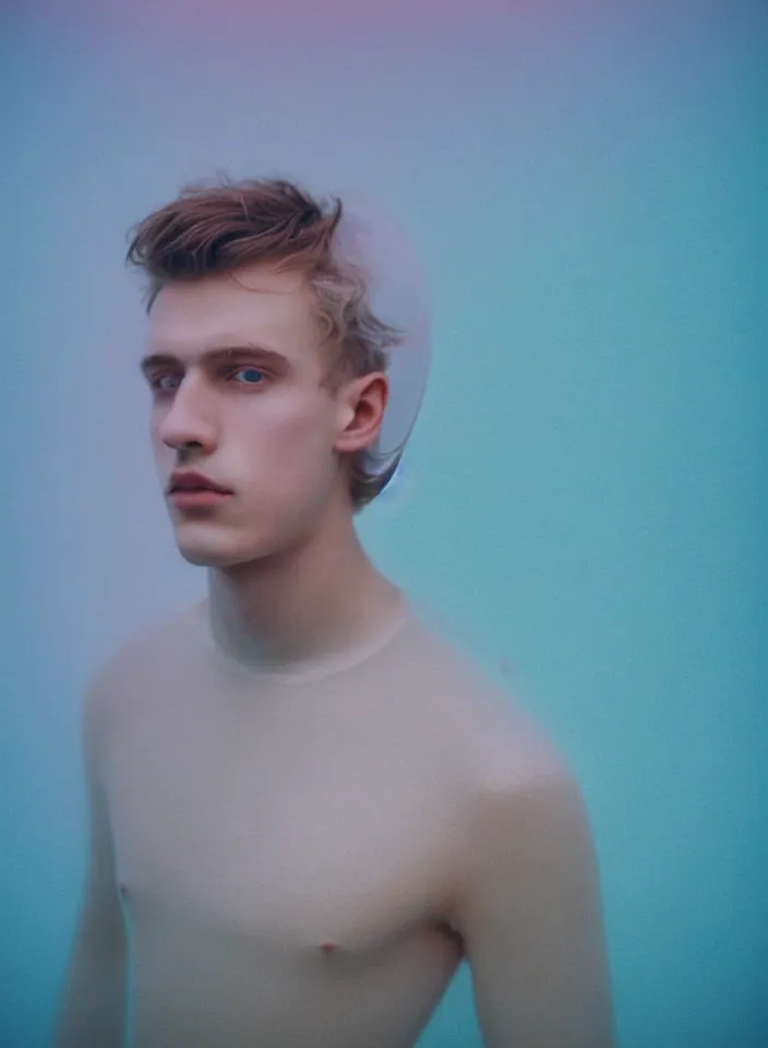 Prompt: high quality pastel coloured film portrait photograph of a beautiful young 2 0 year old male, soft features, short hair, wearing perspex space mask and oversized inflated clothing!! icelandic black rock pool environment. atmospheric three point light. photographic. art directed. ( pastel colours ). volumetric. clearcoat. waves. 8 k. filmic.