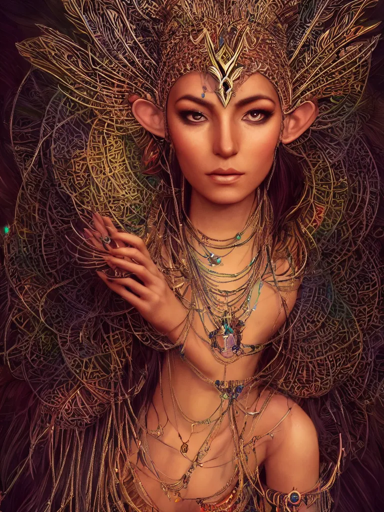 Prompt: a centered photo of a single alluring mystical tribal goddess adorned with feathers and gemstones and cables and synthesizer parts is surrounded by sacred geometry made from elven architecture, full body, gorgeous, perfect face, powerful, cinematic, beautifully lit, by artgerm, by karol bak, 3 d, trending on artstation, octane render, 8 k