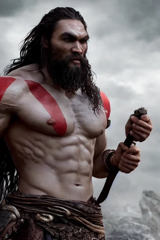 Image similar to film still from god of war, a highly detailed beautiful closeup photo of jason momoa!! kratos with long! windblown wet hair! holding a sword and fighting zombies on a pile of human skulls, spartan warrior, olympian god, muscular!!!, masculine confident pose, ambient lighting, volumetric lighting, octane, fantasy