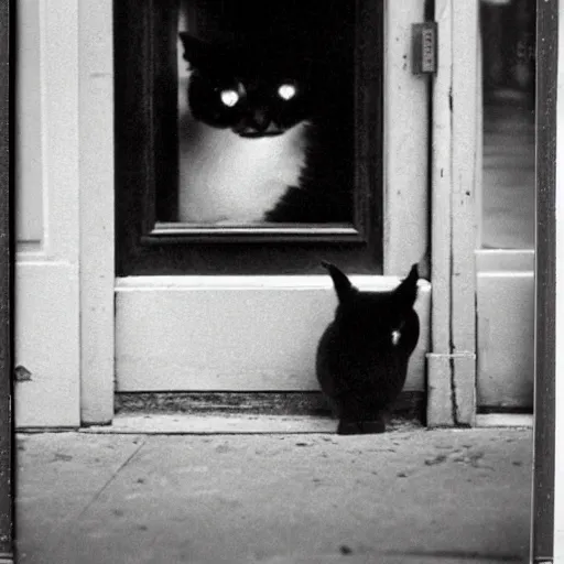 Prompt: wide-shot very low-angle eyesight photo of a mirror door with a reflection of a cat at the street in New York, polaroid photo, by Andy Warhol, signed