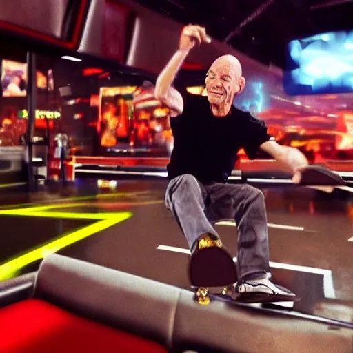 Prompt: kenny g doing a kickflip over patrick stewart at dave & busters, epic, cinematic, realism, ultra detailed, 8 k