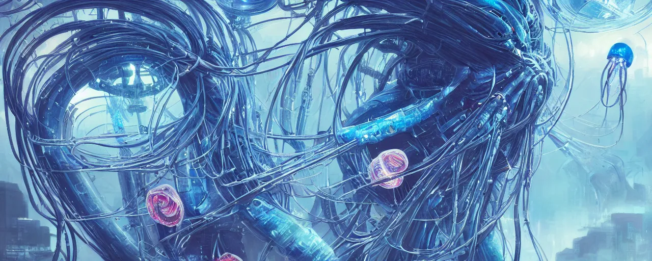 Image similar to a hyper detailed painting of a cyberpunk jellyfish, cables everywhere, blue tones, underwater, highly detailed, digital painting, artstation, concept art, smooth, sharp focus, illustration, art by artgerm and greg rutkowski and alphonse mucha