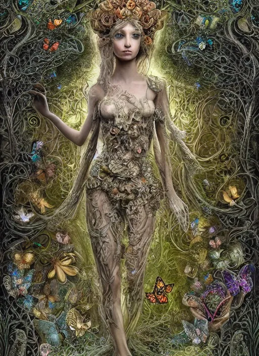 Prompt: a pixie queen in her 3 d bioluminescent radically alive world of fungal fractals and butterflies, intricate mycelial lace, fractalpunk, rococo, ultra detailed, intricate details, ornate, hyperrealistic, octane render, inspired by ross tran & brian froud & james jean & android jones & william morris & ernst haeckel & alphonse mucha