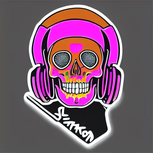 Image similar to svg vector sticker of a skull, rocking out, wearing headphones, huge speakers, dancing, rave, DJ, spinning records, digital art, amazing composition, rule-of-thirds, award-winning, trending on artstation, featured on deviantart