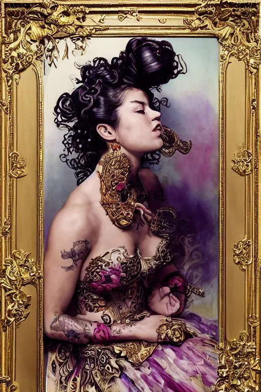 Prompt: an epic painting of a 1 9 years old girl figure sitting on chair, curly messy high bun hairstyle, whimsically designed oriental tattoos, subject wearing a gold and ruby alexander mcqueen medieval gown, flowing, ornate, beautiful, forbidden beauty, dramatic earth colors, with few vivid purple highlights, by jeremy mann and greg rutkowski, trending on artstation, oil on canvas