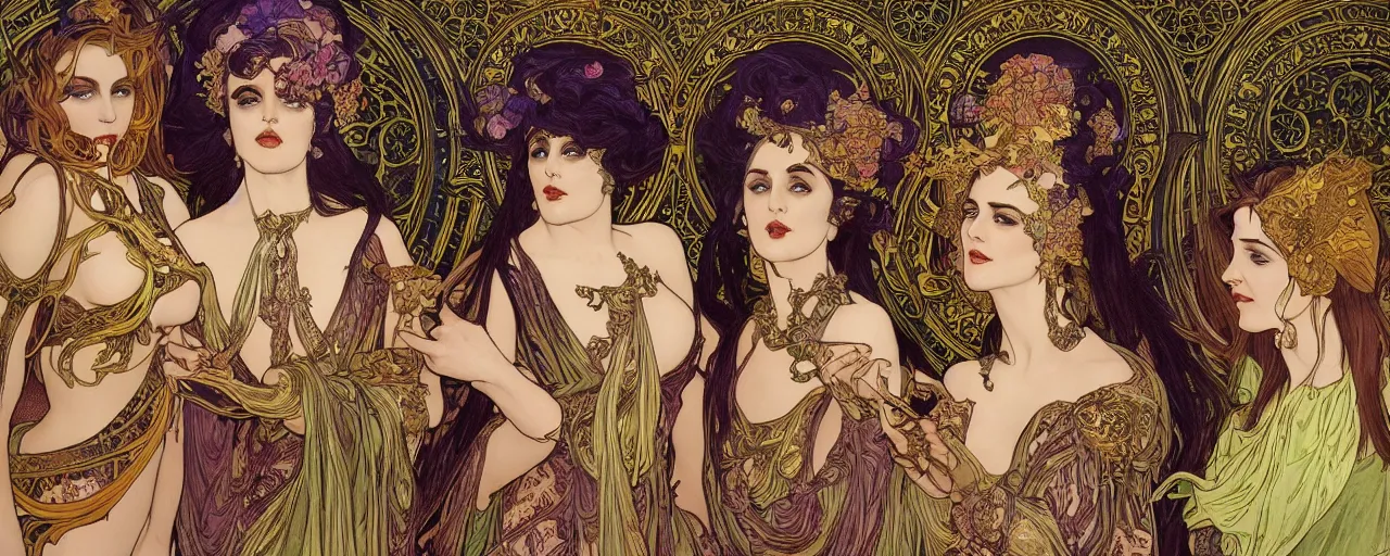 Image similar to stunning exotic art nouveau portrait of the three fates as beautiful mythological heavy metal sisters of the night by chris achilleos, michael kaluta and alphonse mucha, photorealism, extremely hyperdetailed, perfect symmetrical facial features, perfect anatomy, ornate intricate declotage, spikes, confident expression, wry smile, eldritch powers, witchcraft