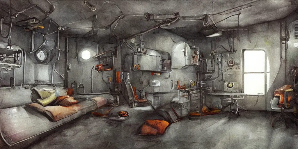 Image similar to faded steel industrial spaceship cramped living quarters painted clean interior room sci - fi