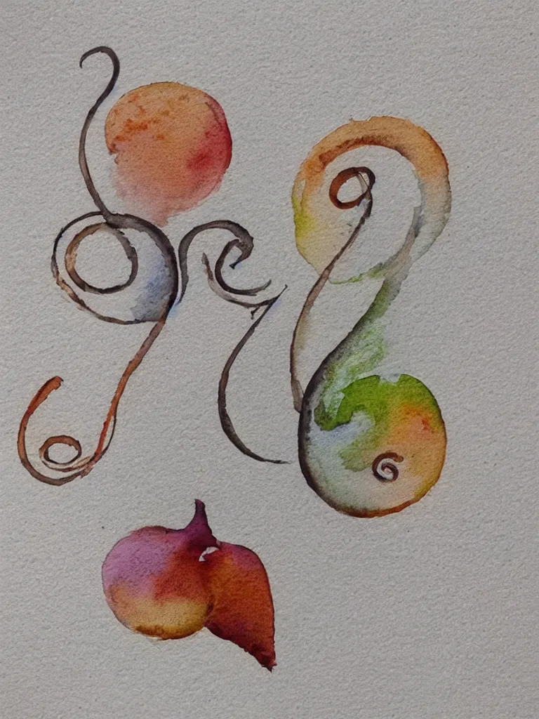 Prompt: a watercolor painting of an acorn that turns into a tree in the shape of a treble clef with some light and dark effects, playful and carefree