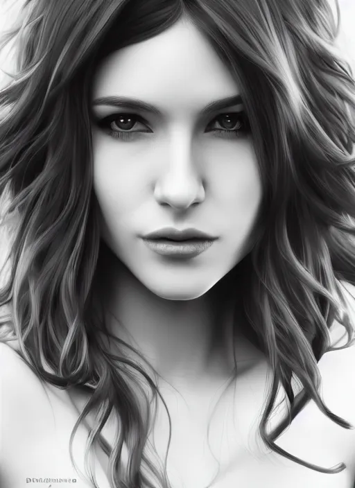 Image similar to full body portrait of a beautiful woman in black and white, photorealistic, hair down to waist, art by diego fazio and diegoKoi and artgerm, concept art, hyper sharp focus, 8k highly detailed