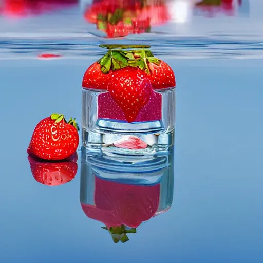 Image similar to centered clear clean perfume sitting in clear, rippling rose - water with floating strawberries on a bright sunny day, blue cloudy skies, crisp, surreal photography, illumination lighting, sharp focus, vogue