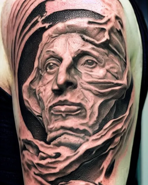 Image similar to planets emerge from a broken renaissance statue, tattoo design, hyper - realistic, in the style of tony santos