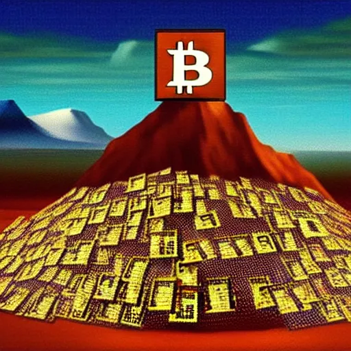 Image similar to a mountain made out of computer screens that display bitcoin logos, cinematic, post - apocalyptic landscape, harsh contrast lighting, in the style of surrealism, made by salvador dali