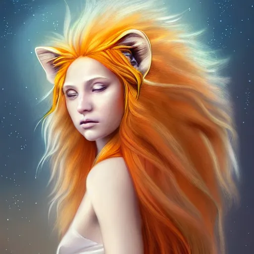 Image similar to Portrait of a girl angel with pale orange colored frizzy strands of illuminated hair, Lion essence, cat ears on her head, glowing halo, Lion's Mane, Cosmic, Lion's Gate, 8/8, fantasy, intricate, elegant, highly detailed, digital painting, artstation, concept art, smooth, sharp focus, illustration, art by Krenz Cushart and Artem Demura and alphonse mucha