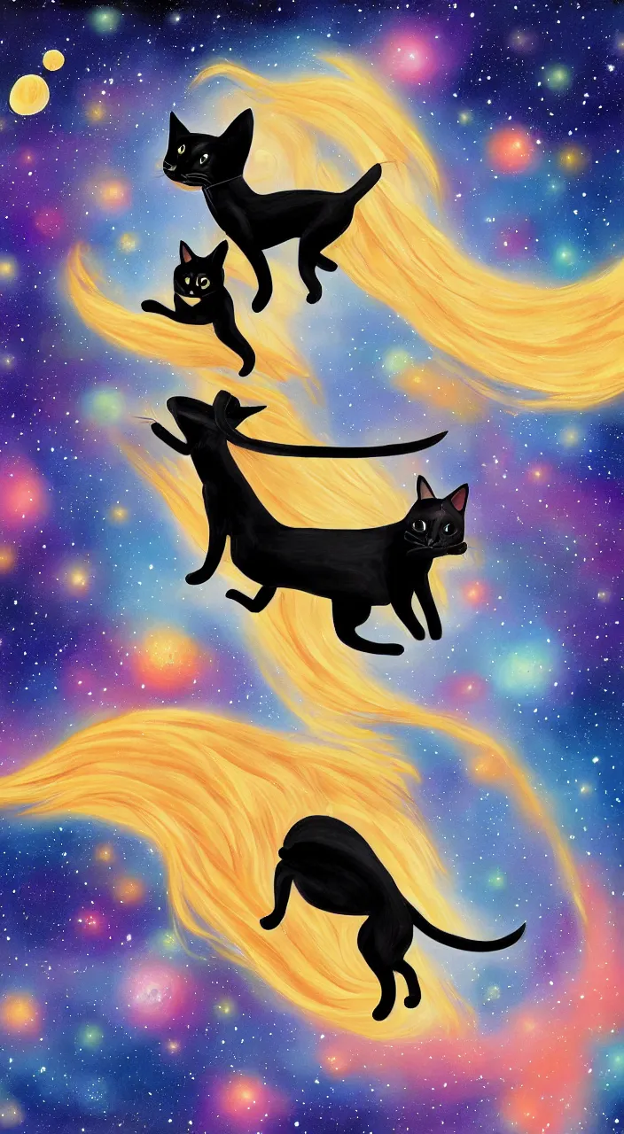 Prompt: black cat riding blond chiweenie through space, detailed, digital painting