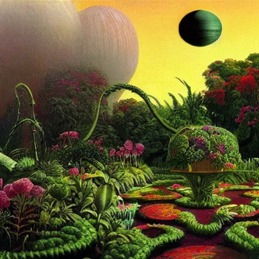 Image similar to a garden in orbit around saturn, 8 k, lowbrow, in the style of martin johnson heade, roger dean and h. r. giger,