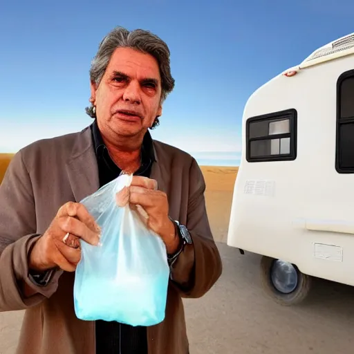 Prompt: current president of uruguay Lacalle Pou holding a ziplock bag with baby blue meth, desert background, next to an rv, by stephen bliss, gta loading screen