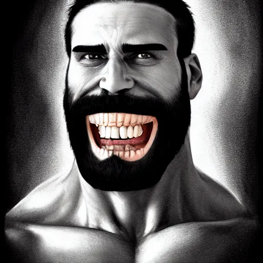 Image similar to x-ray scan of Beautiful face of very manly Gigachad with very big jaws, big eyebrows, smile like trollface jaw tilted on side, painting on grey scale face, powerful , magic, thunders, dramatic lighting, intricate, wild, highly detailed, digital painting, artstation, concept art, smooth, sharp focus, illustration, art by artgerm and greg rutkowski and alphonse mucha, footage