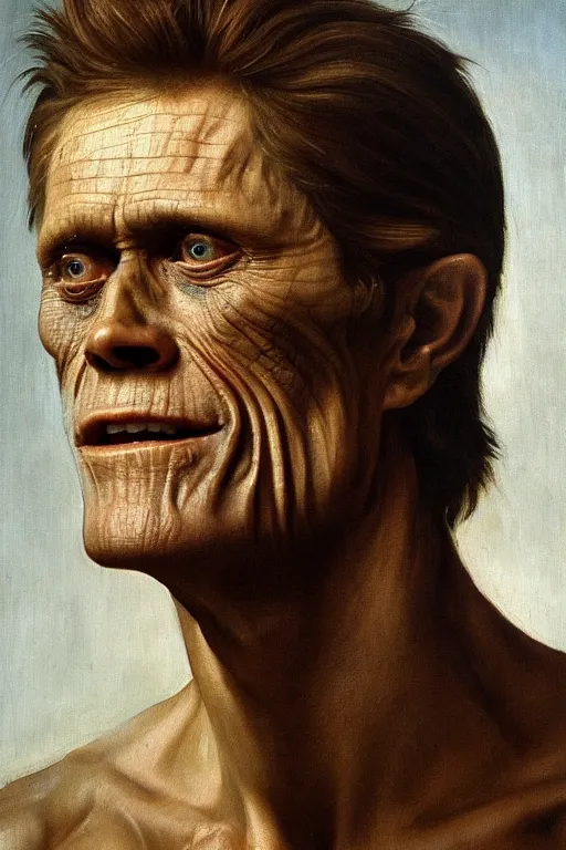 Image similar to an extremely high quality hd, portrait painting of 4 0 year old willem dafoe, renaissance oil painting, studious chiaroscuro, by h. r. ( hans ruedi ) giger, featured on cgsociety, afrofuturism, dystopian art, 8 k, ultra realistic, very realistic