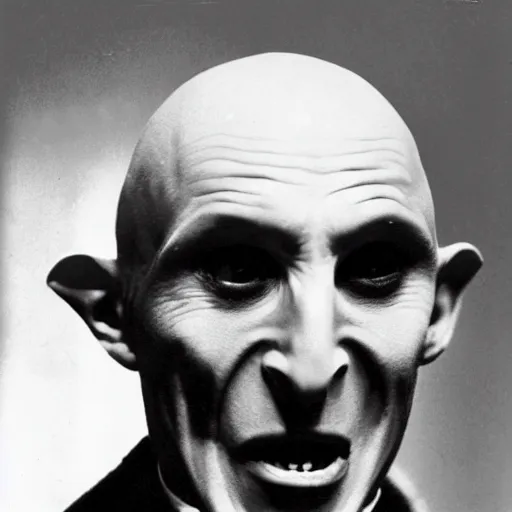 Prompt: count orlok glamour shot, mouth open slightly, front page of a popular magazine, professional photograph