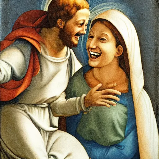 Image similar to Mary and Jesus laughing, painting by Michelangelo