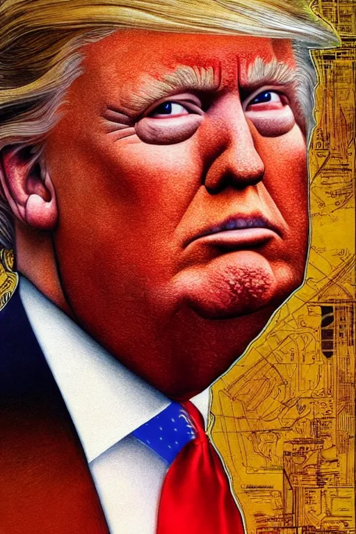 Image similar to photorealistic portrait photograph of donald trump!! with nuclear!! schematics, handsome, depth of field, soft focus, highly detailed, intricate, realistic, national geographic cover, soft glow, textured, artstation, concept art, sharp focus, illustration, art by artgerm and greg rutkowski and alphonse mucha