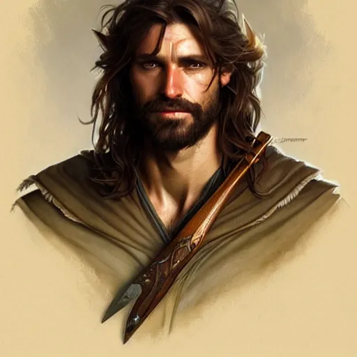 Image similar to Portrait of rugged male ranger, D&D, amber eyes, face, long hair, muscular, fantasy, intricate, elegant, highly detailed, digital painting, artstation, concept art, smooth, sharp focus, illustration, art by artgerm and greg rutkowski and alphonse mucha