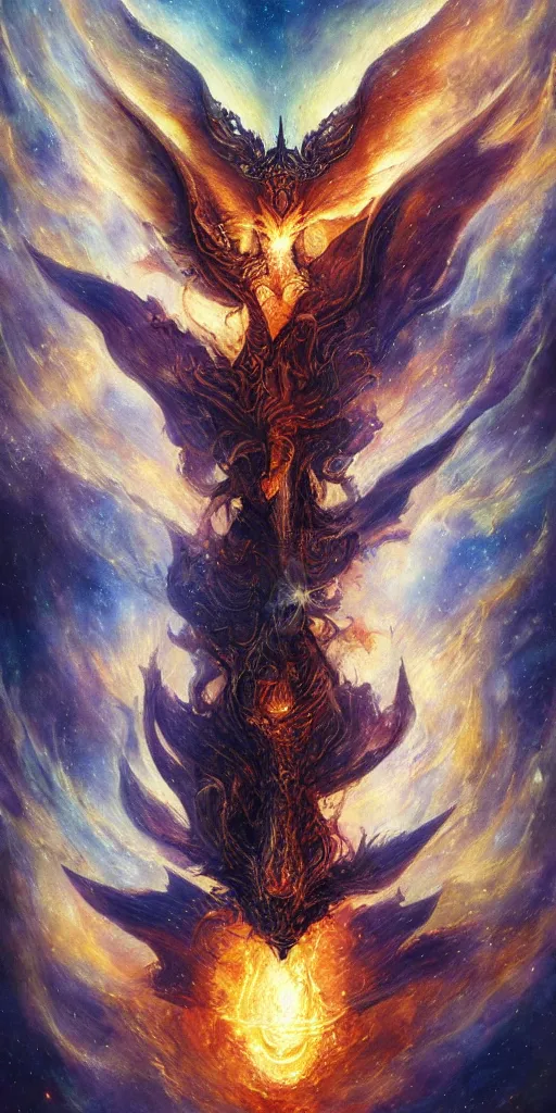 Prompt: breathtaking detailed soft painting of bahamut bat in a nebulae galaxy in flames with intricated ribbons of light , gauze draped of fireflies and an art nouveau golden halo head, rembrandt style, , elegant, highly detailed, artstation, concept art, matte, sharp focus, art by Tom Bagshaw, Anato Finnstark and Greg Rutkowski
