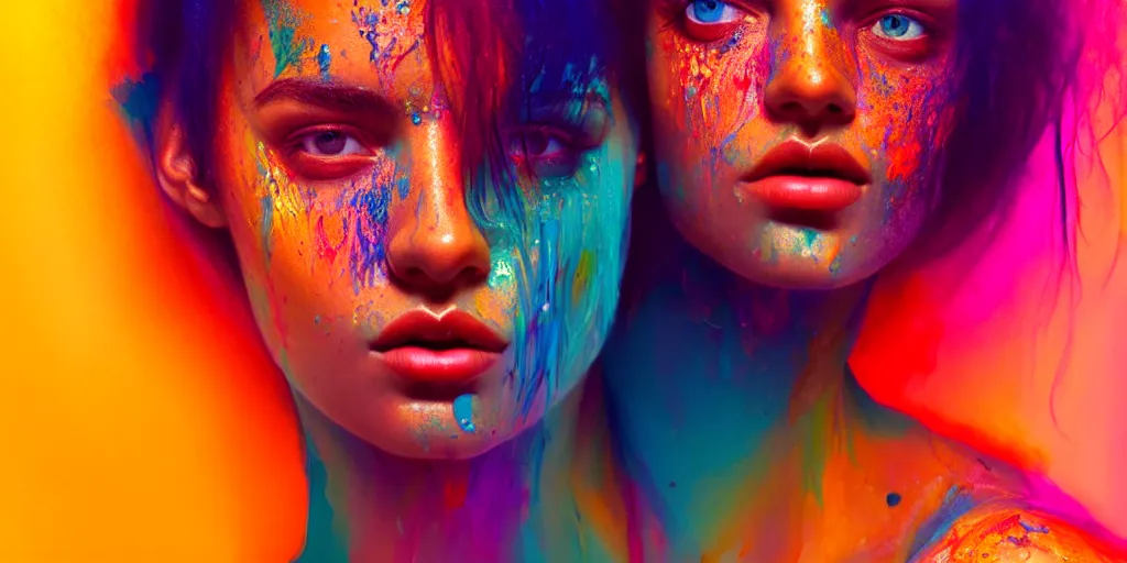 Image similar to very beautiful woman, face submerged in colorful oils, brown skin, realism, extreme detail, real life, key art, soft light, volumetric light, 3 - d shadows, photo by james jean and wlop, photoshoot