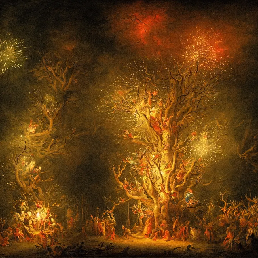 Image similar to closeup of a night carnival inside a tree cavity in a magical forest in the middle of a summer storm, with a music scenario with many fireworks and christmas lights, volumetric lightning, instense god rays in the sky, folklore people disguised with fantastic creatures in a magical forest by summer night, masterpiece painted by fragonard, very coherent and colorful high contrast masterpiece,