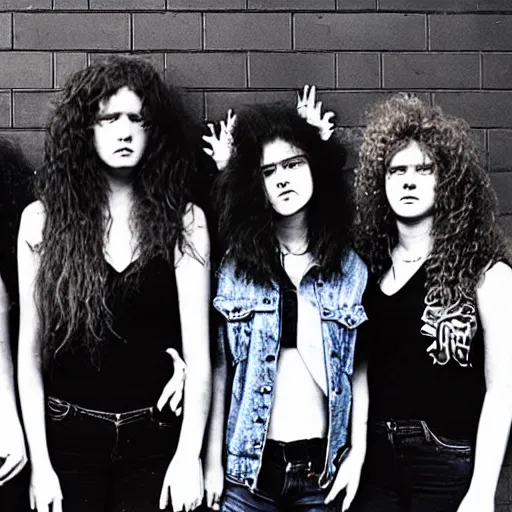 Image similar to group of 1 9 - year - old girls with shaggy wavy hair, wearing double denim, heavy metal band promo, thrash metal band promo, heavy rock band promo photo, 1 9 8 7 photo