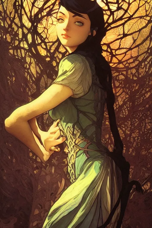 Image similar to a beautiful render of absolutely beautiful witch, gothic background, a beautiful face, perfectly shaded, atmospheric lighting, style of makoto shinkai, raphael lacoste, louis comfort tiffany, artgerm, karol bak, james jean, alphonse maria mucha