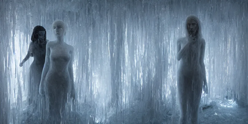 Image similar to rgb, a frozen woman, bedroom full of ice, sadness, cinematic, movie scene, inspired by zdzislaw beksinski, clothes made out of veins,, cables everywhere, bedroom, ultra realistic, concept art, intricate details, highly detailed, photorealistic, octane render, 8 k