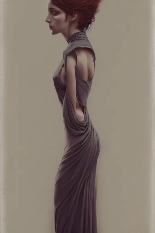 Prompt: ultra realist soft painting of a single beautiful female in a full long curvy slim dress, thin long auburn hair, symmetry accurate features, very intricate details, volumetric lighting, by Tom Bagshaw