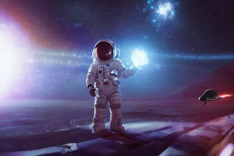 Image similar to astronaut chasing a distant spaceship Anime, wide angle, fine details, cinematic. galaxy starscape. realistic shaded lighting by Ilya Kuvshinov Giuseppe Dangelico Pino and Michael Garmash and Rob Rey greg rutkowski, octane render, IAMAG premiere, aaaa achievement collection, elegant freckles, cinematic hologram, fabulous, daily deviation, annual award winner