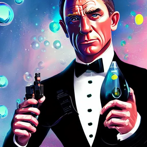 Prompt: James Bond with bubble eyes, digital art by Artgerm and beeple and WLOP