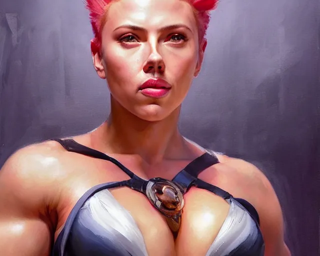 Prompt: greg manchess portrait painting of smiling scarlett johansson as beautiful thick female bodybuilder zarya from overwatch, medium shot, asymmetrical, profile picture, organic painting, sunny day, matte painting, bold shapes, hard edges, street art, trending on artstation, by huang guangjian and gil elvgren and sachin teng