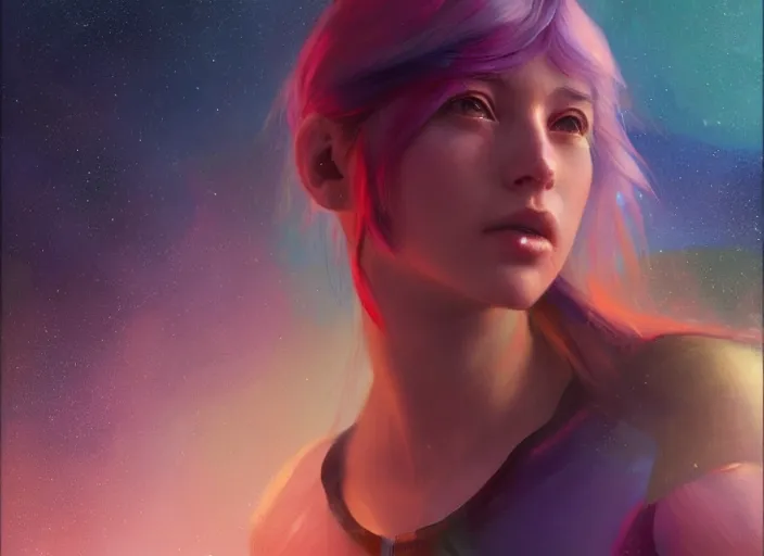 Image similar to a girl with rainbow hair standing in a sci - fi spaceship, official art, gorgeous detailed face, by jeremy lipking, by charlie bowater, realistic expressive oil painting, cgsociety, anime style, octane render