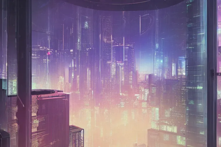 Prompt: looking outside through the glass wall of a penthouse suite at the top of the highest skyscraper in the middle of a clean and futuristic cyberpunk city at night, very detailed, beeple, makoto shinkai, trending on artstation