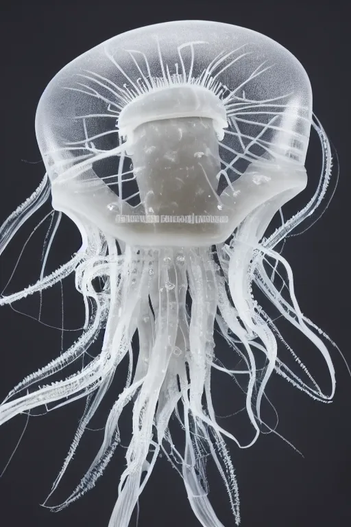 Prompt: a beautifully carved intricate marble statue of a jellyfish, black background, product photography