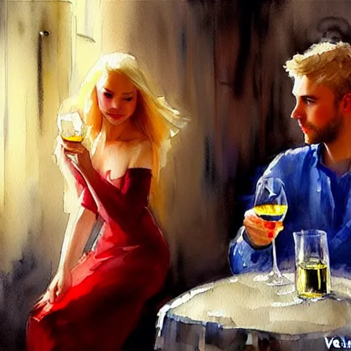 Prompt: stormtrooper and hot blonde drinking wine in a cellar, romantic, cozy, inviting, detailed, beautiful, atmospheric, impressionism, watercolor by vladimir volegov