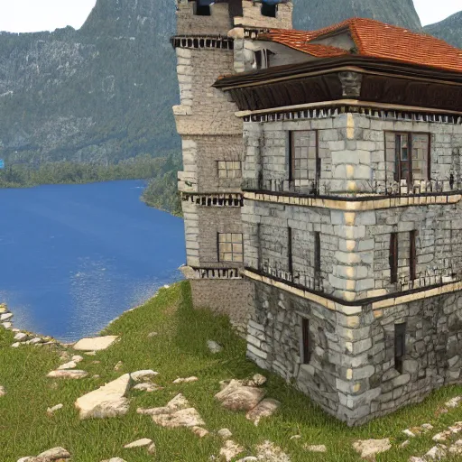 Prompt: a castle built on a tarn, mountain lake, highly detailed, 8k, Unreal Engine, render