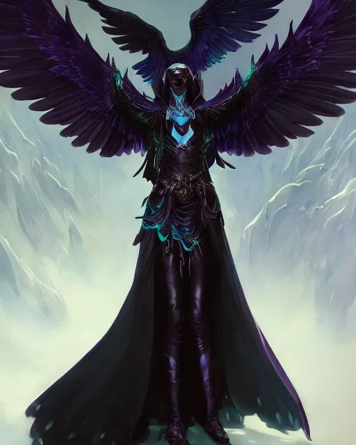 Prompt: character portrait of an arcane raven angel of night with iridescent black raven wings wearing robes, female lord of change, by peter mohrbacher, mark brooks, jim burns, marina abramovic, wadim kashin, greg rutkowski, trending on artstation