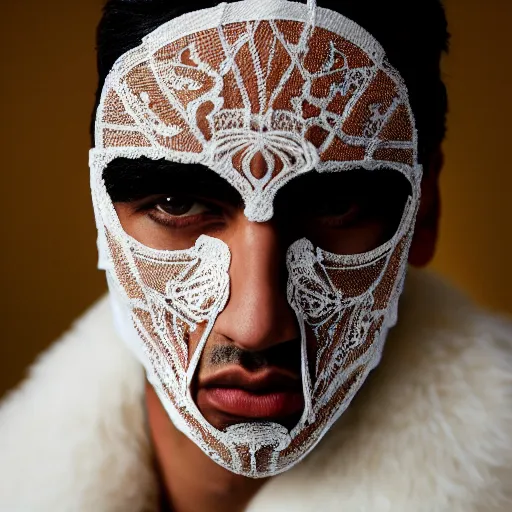 Prompt: a beautiful egyptian young male wearing a translucid lace wedding mask designed by alexander mcqueen, photographed by andrew thomas huang for a fashion editorial