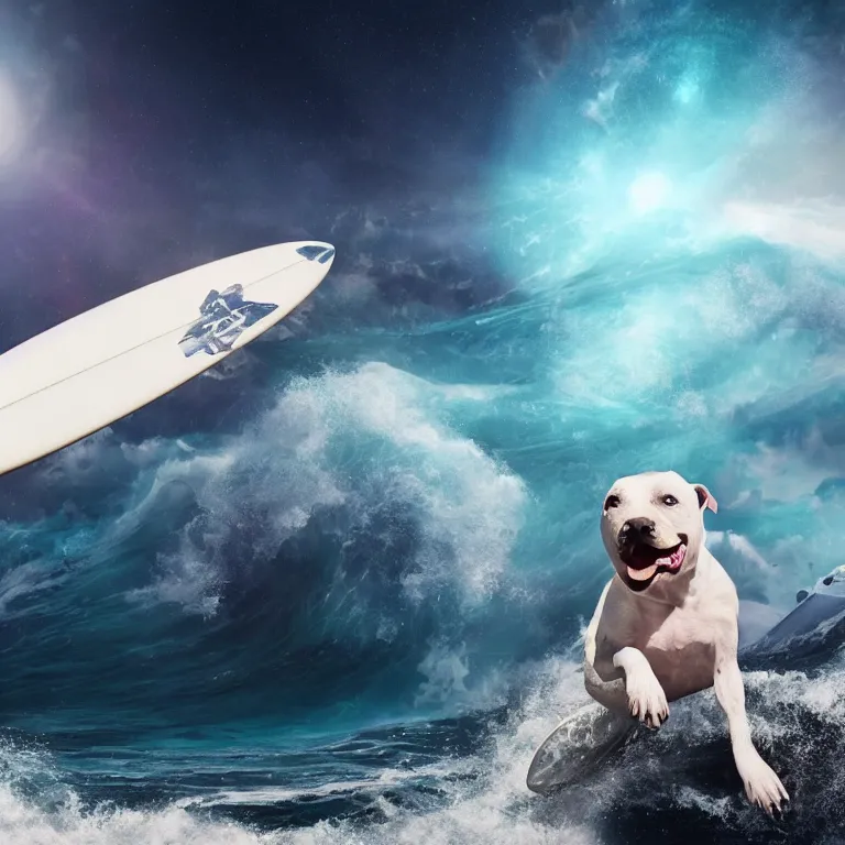 Image similar to photo of a gray coat pit bull with white paws, surfing on a surfboard in a crashing wave of alien ocean in space, background is an alien galaxy, aliens in the background, alien colors, octane render, unreal engine, wide view, 8 k, high detaild