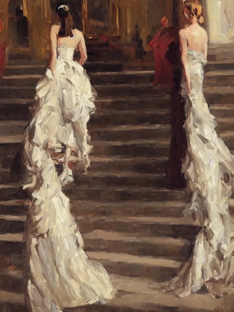 Image similar to gorgeous princess with a fabulous dress, by Ben aronson, oil on canvas, evening, standing on palace stairs, 1900