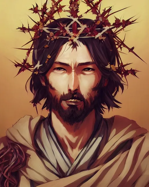 Image similar to an anime portrait of jesus as a beautiful man wearing a kimono and a crown of thorns from skyrim, by stanley artgerm lau, wlop, rossdraws, james jean, andrei riabovitchev, marc simonetti, and sakimichan, trending on artstation