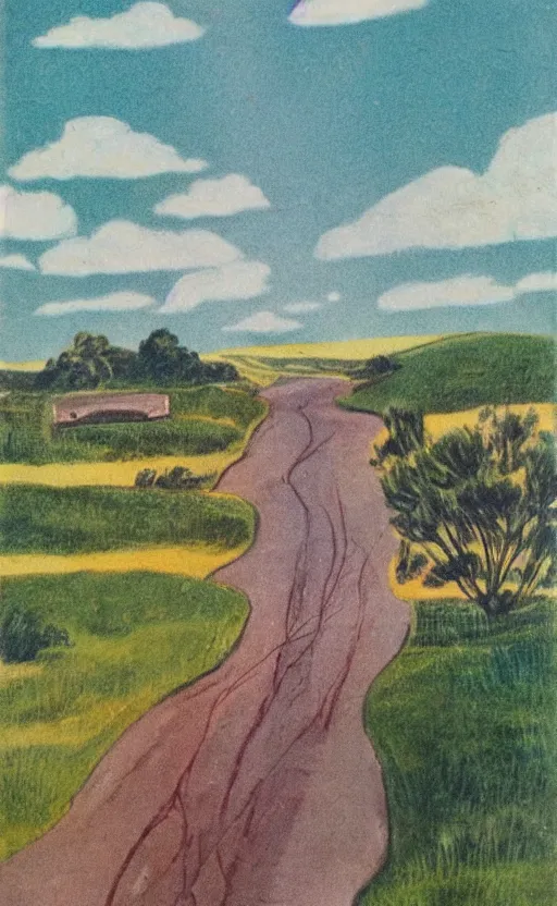 Image similar to paperback book cover. 1 9 5 0 s. pure colors, melting clouds, accurately drawn details, a sunburst above a receding road with the light reflected in furrows and ruts, after rain. and no girls.