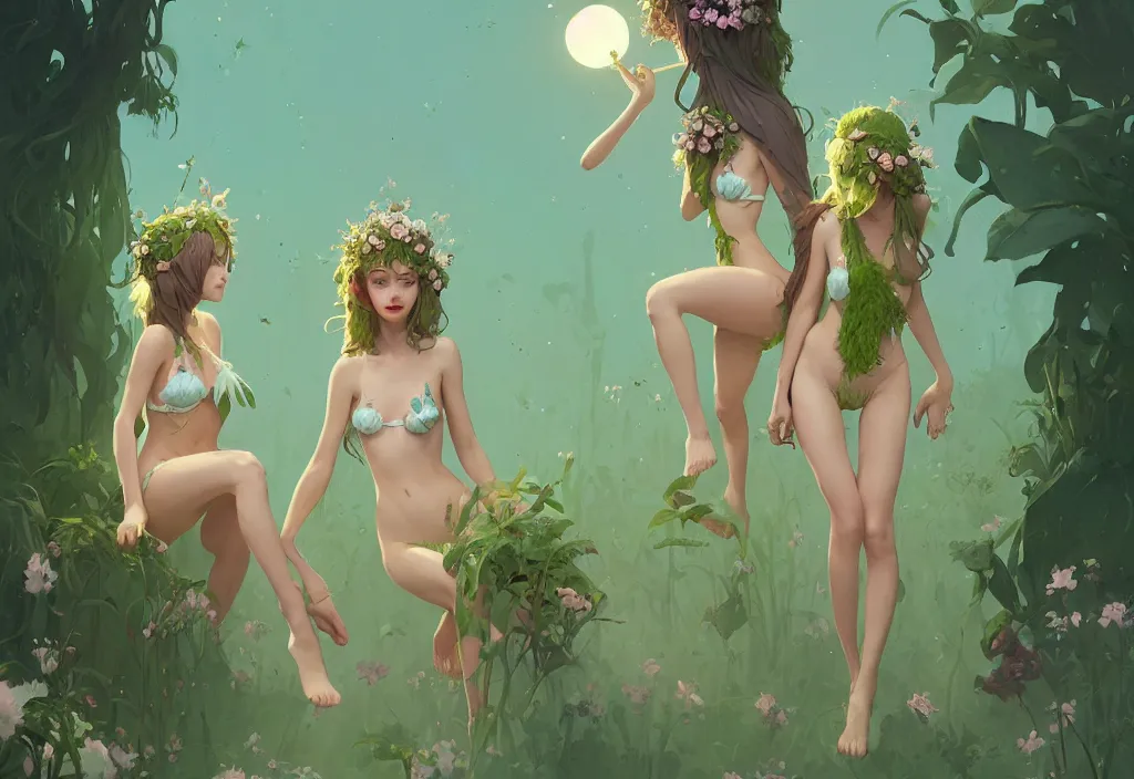 Image similar to two cute fairy women with crown of flowers in plants mini bikini, fantasy, by atey ghailan, by greg rutkowski, by greg tocchini, by james gilleard, by joe gb fenton, by in kaethe butcher, dynamic lighting, gradient light green, brown, blonde cream and white color in scheme, grunge aesthetic