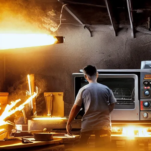 Image similar to cyborg toaster oven repairman, dark messy smoke - filled cluttered workshop, dark, dramatic lighting, orange tint, sparks, plasma rays, cinematic, highly detailed, sci - fi, futuristic, movie still, rule of thirds composition