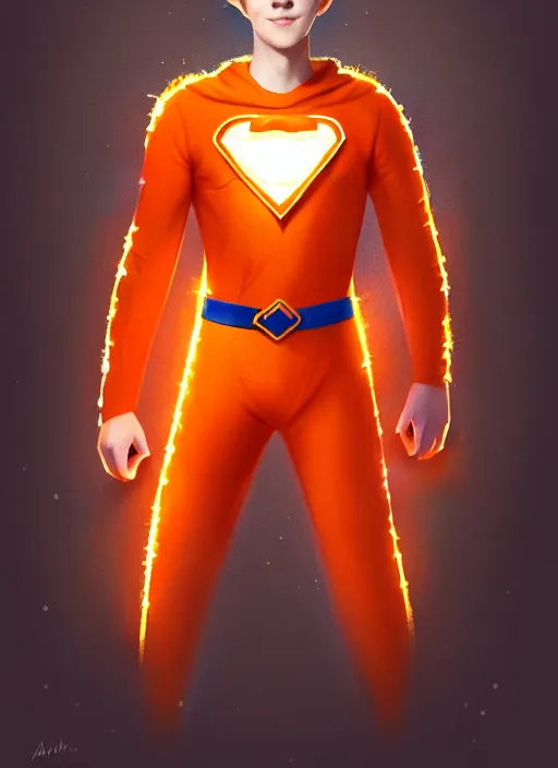 Image similar to kind teenage archie andrews wearing an orange superhero costume, freckles, superhero costume with heart emblem, cape, intricate, elegant, glowing lights, highly detailed, digital painting, artstation, sharp focus, illustration, art by wlop, mars ravelo and greg rutkowski